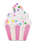 Cupcake-shaped dessert with white frosting and pink sides on a white background