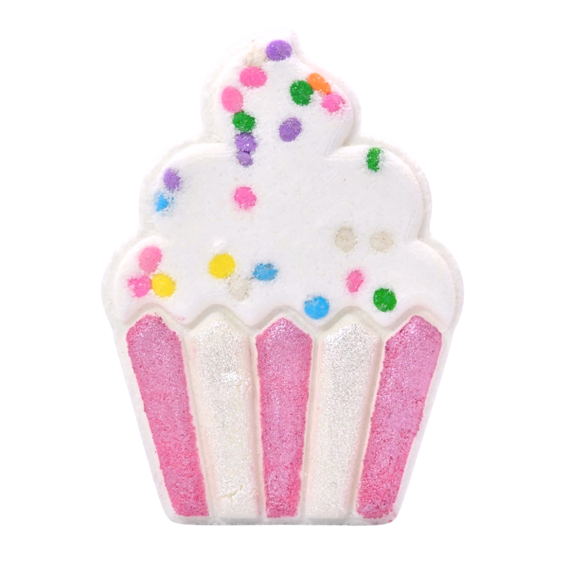 Cupcake-shaped dessert with white frosting and pink sides on a white background
