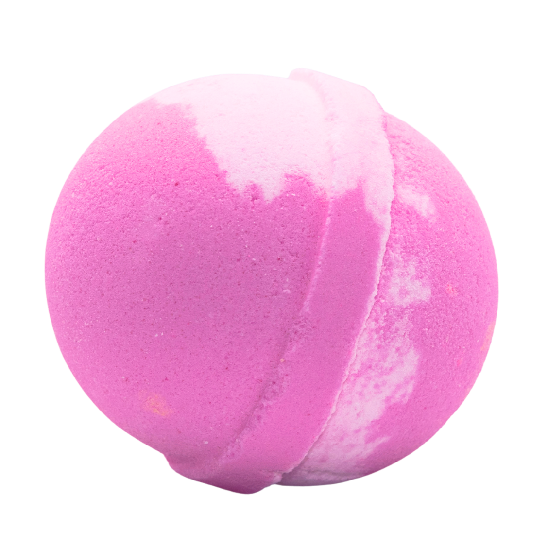 Pink bath bomb with like pink swirls on a white background