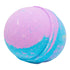 A bath bomb with a swirled mix of purple and blue colors. 